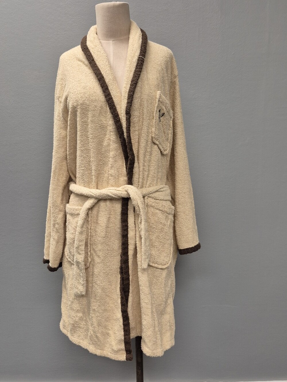 VTG 70s/80s Kmart Terry Cloth Robe Cream Brown Trim Eagle Logo Medium